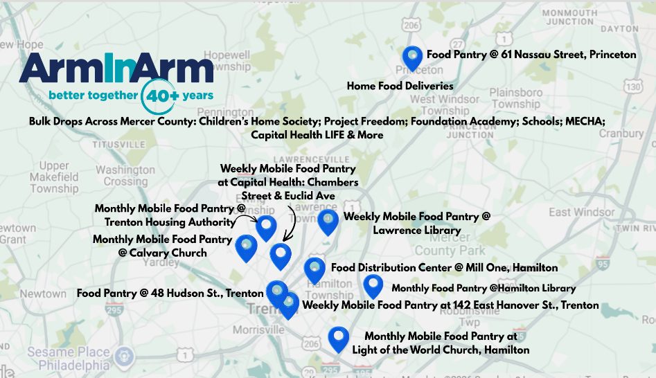 Map of Arm In Arm pantry, mobile pantry and bag drop sites across Mercer County